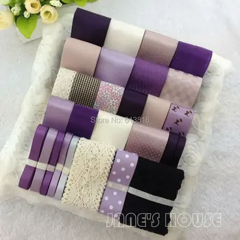 

Free shipping Purple color 28YDS Mixed 28 style satin / grosgrain ribbon cartoon ribbos set Cotton lace tape DIY hair accessory
