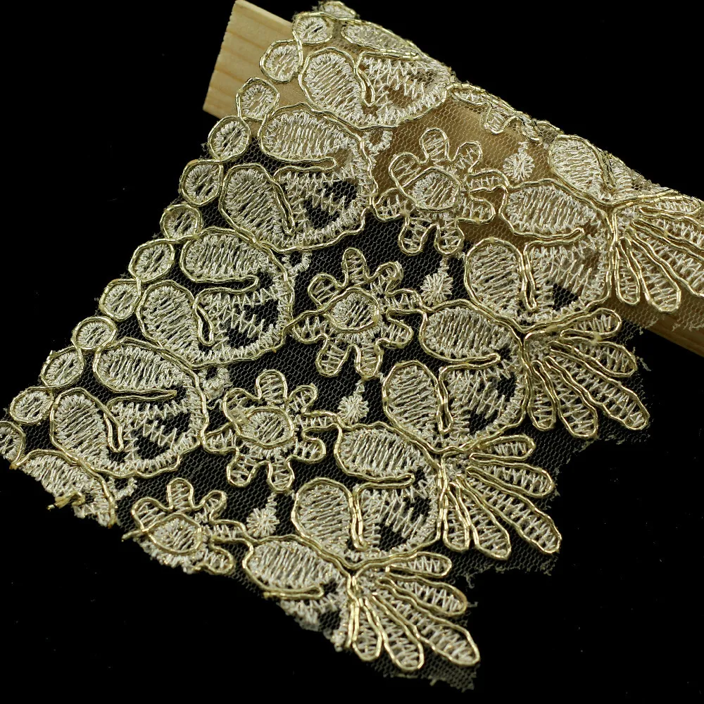 Gold Metallic Trim African Floral Lace Fabric Net Decorated Ribbon