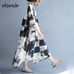 Elseisle японский платье Лето 2017 г. Винтаж большой Размеры корейский стиль Повседневные принты Лен Хлопковое платье Для женщин платья Бохо