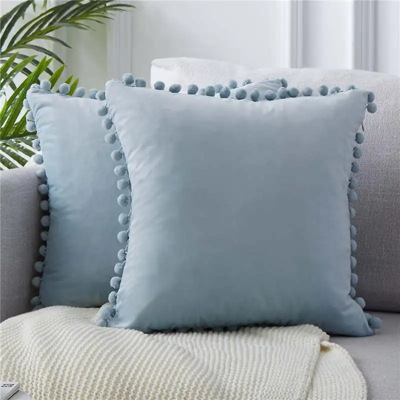 YokiSTG мягкие бархатные наволочки, однотонный чехол для подушки, квадратные декоративные подушки с шариками для дивана, кровати, автомобиля, подушки для дома - Цвет: Light BlueSet of 2