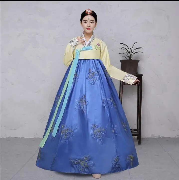 Sequins Korean Traditional Costume Women Elegant Hanbok Spring Stage Dance Classical Dress
