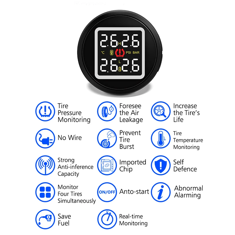 Автомобильное зарядное устройство TPMS, датчик давления в шинах, система безопасности, совместимая со всеми брендами, 4 Датчики давления в шинах, мониторинг реального времени