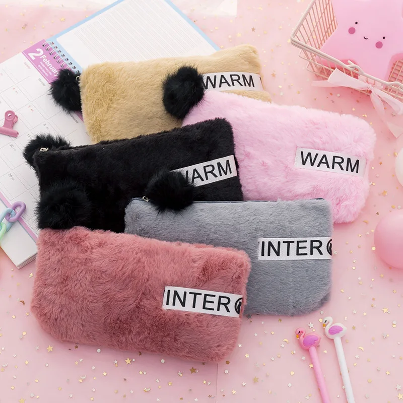 

New Cute Soft Plush Pencil Case for Girls Large Capacity Lovely Hair Ball Pen Bag Simple Storage Bag Wallet for School Student