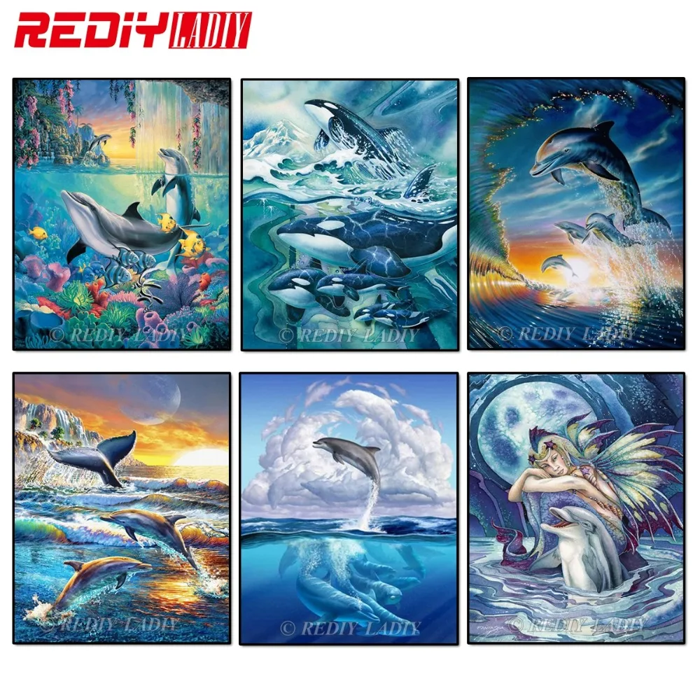 

REDIY LADIY Diamond Painting Dolphin Love Crystal Diamond Painting Cross Stitch Underwater World Needlework Home Decorative Gift