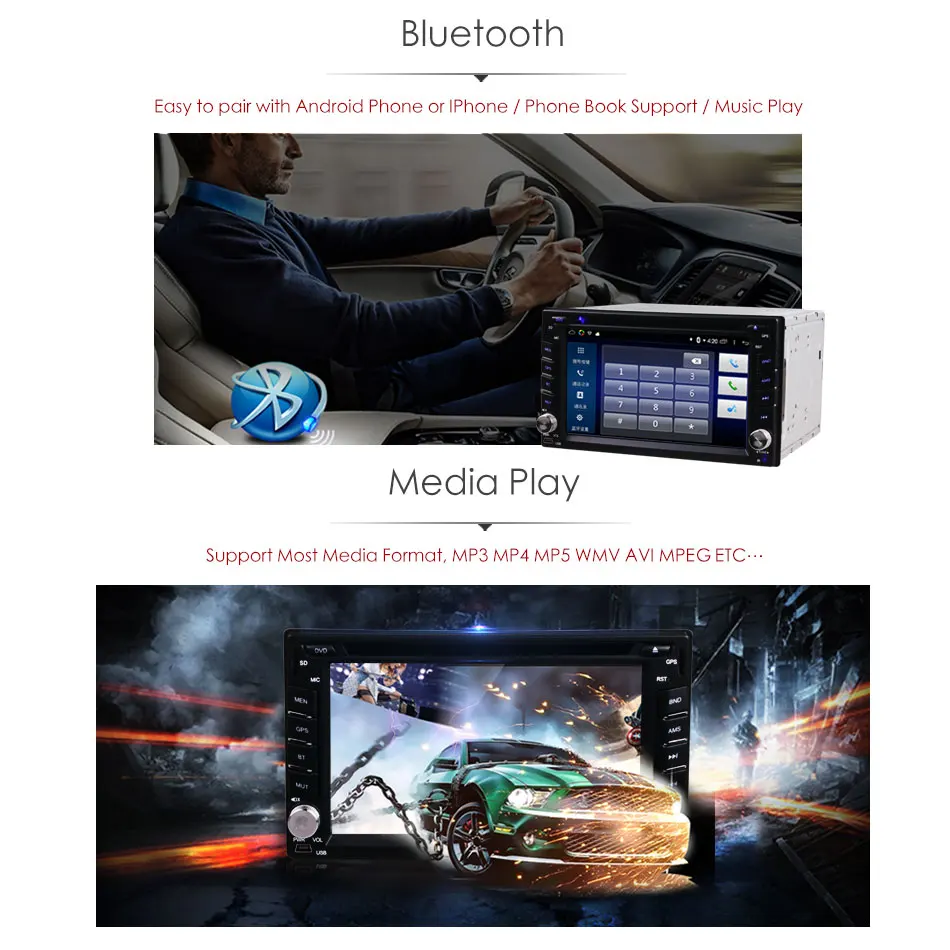 Perfect 6.2 Inch 2DIN Android OS Car In Dash DVD MP3 MP4 Video Player GPS Navi WIFI Bluetooth Head Unit Stereos for Hyundai Honda Nissan 9