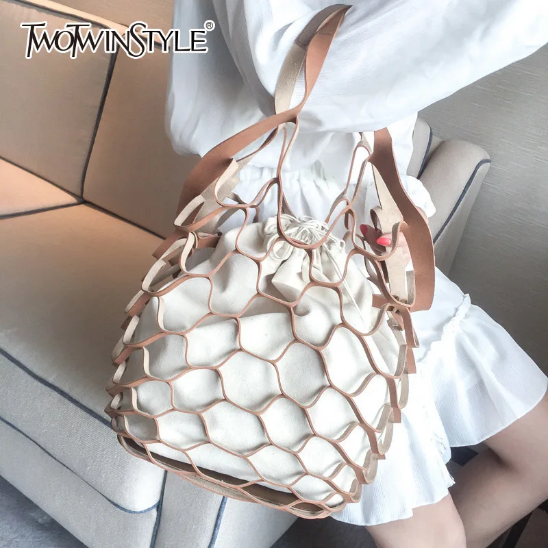 

TWOTWINSTYLE Belt With Woman Package Fishing Net Hollow Out Draw String Canvas Bag Matting Portable Package Korean Accessories