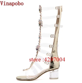 Vinapobo/летние сандалии-гладиаторы на плоской подошве; женские сапоги до колена, украшенные золотыми стразами, с пряжкой и ремешком; пляжная обувь в богемном стиле со стразами