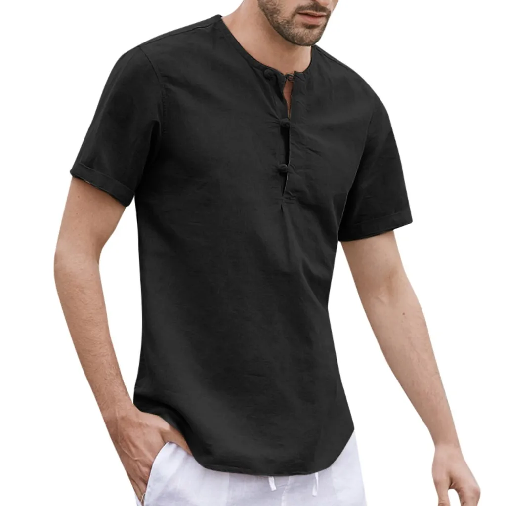 Модная мужская летняя льняная рубашка с коротким рукавом и 0 воротником, однотонная свободная приталенная Повседневная рубашка, мужская блуза, camisas de hombre