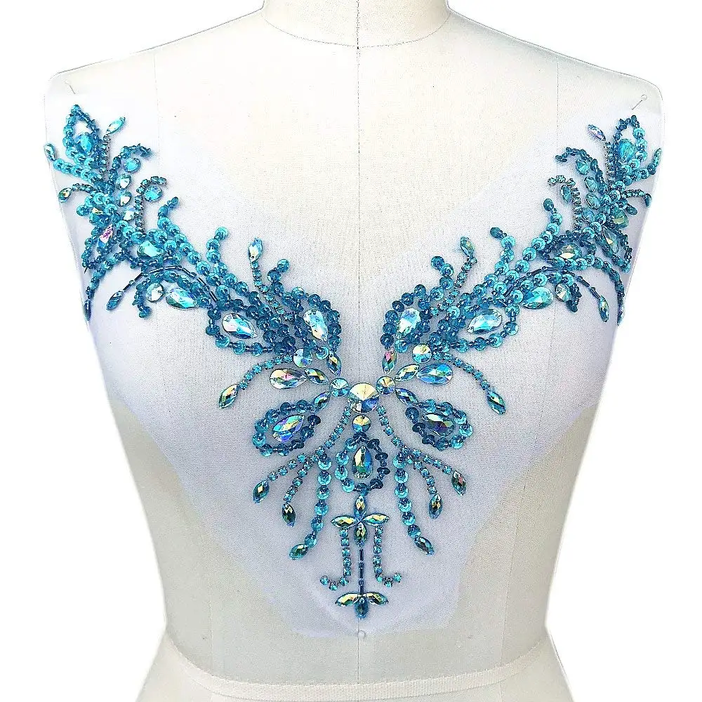 

SParkle 30x39cm Neckline Blue Sew onStones and Crystals Beaded Trim Bridal Applique Design Sewing for Wedding Dress DIY Crafts