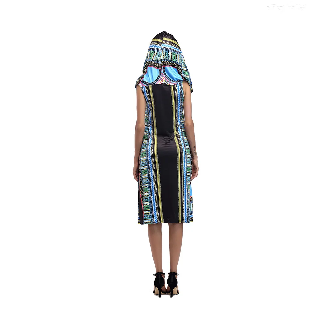 2018 Women Dress Suits Printed Geometric Hooded sleeveless summer printing hooded skirt female fashion national style Dress