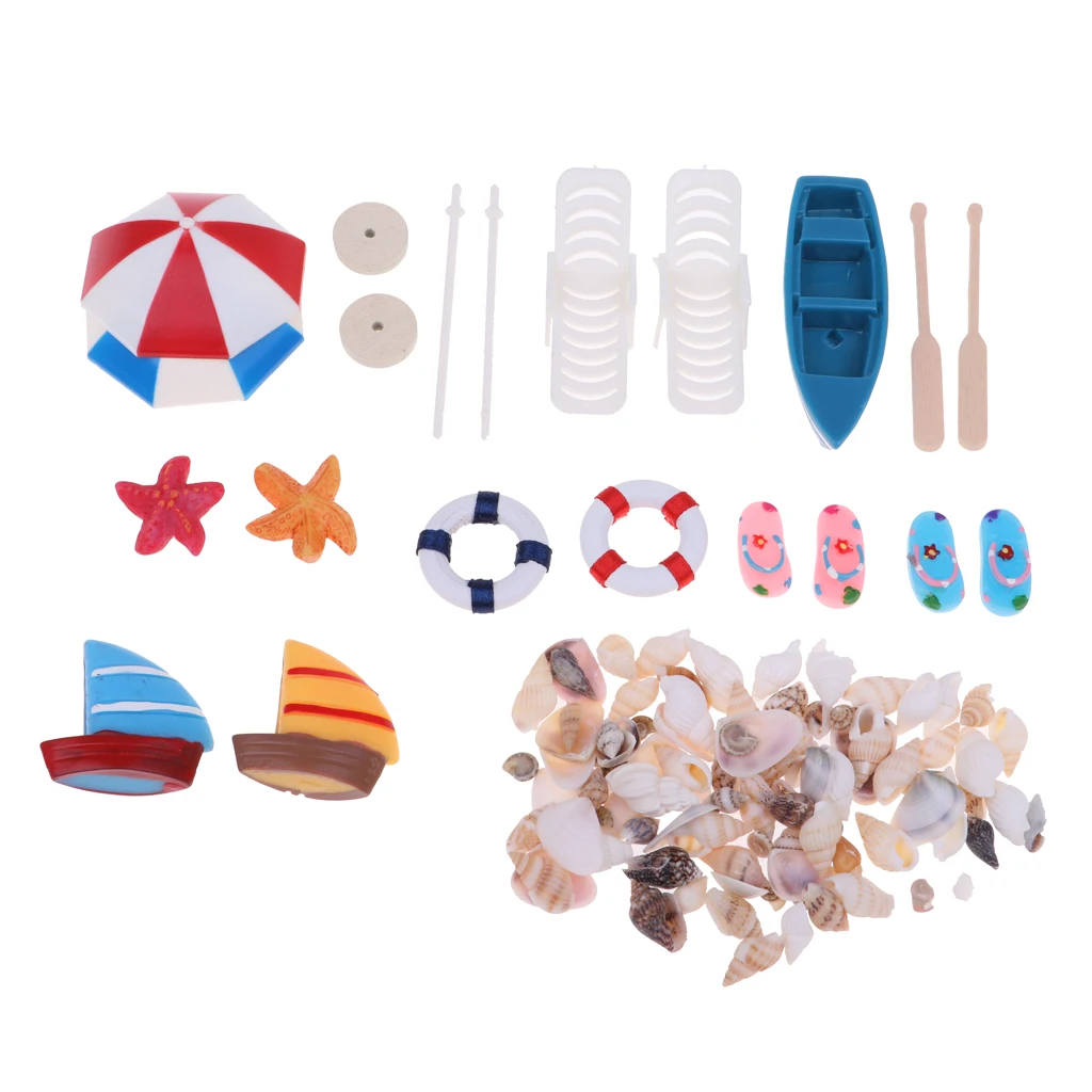 Miniature Deck Chair Beach Umbrella Boat Shell Set for Dollhouse Yard Garden Swimming Pool Kids Pretend Play Toy