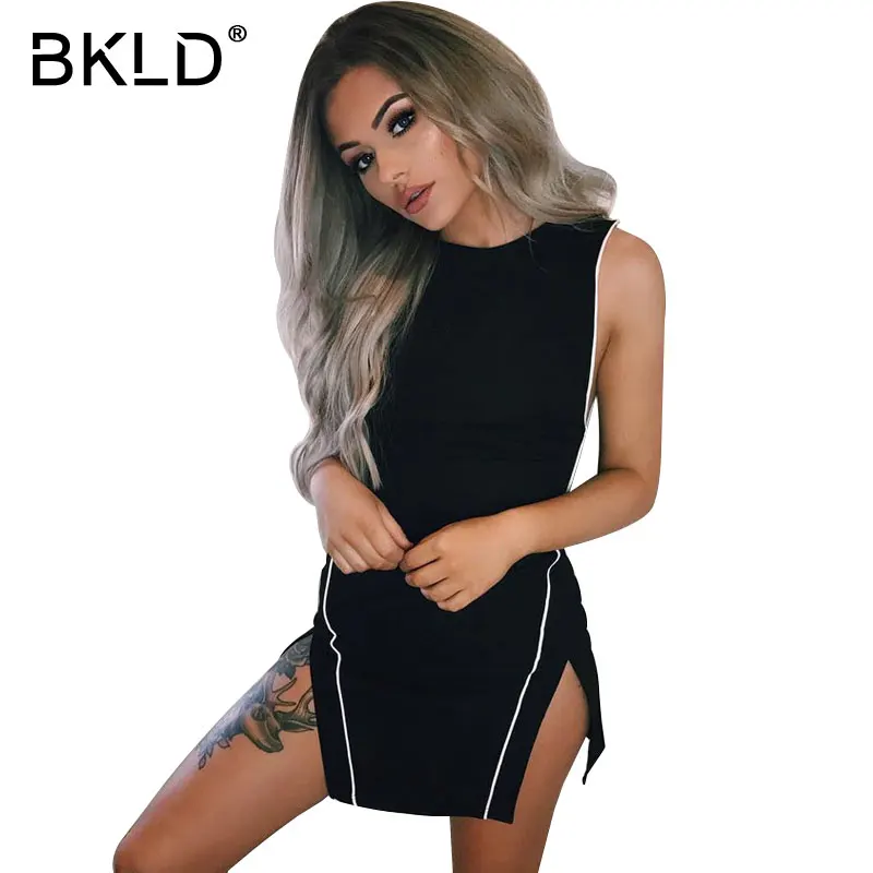 

BKLD 2018 Summer Short Dresses Sexy Side Split Party Night Club Mini Dress Women Sheath Bodycon O-neck Sleeveless Dress Clubwear