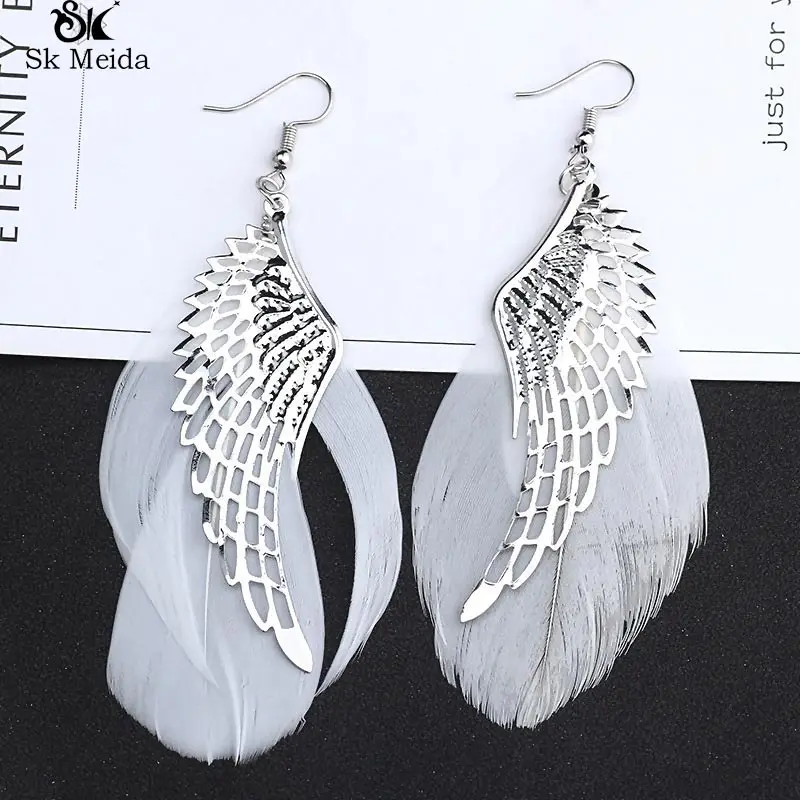 

New fashion ladies earrings angel wings white feathers retro design women earrings temperament metal trendy simple MM-80