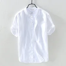 Мужские удобные хлопковые рубашки с коротким рукавом, Модные дышащие льняные рубашки с воротником на лето