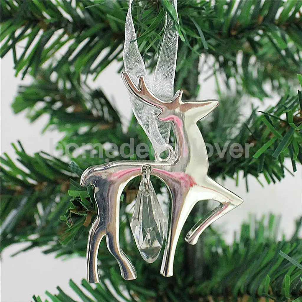 

Christmas Ornament Silver Alloy Elk Deer Crystal Hanging Ornament with Ribbon Xmas Home Party Decor