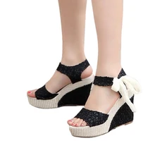 2016 verano nueva moda mujer dulce plataforma de la cuña sandalias Bowknot dulce zapato con cierre cordón de zapatos de correa Beiges azadas sandalias de la mujer ST16
