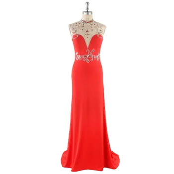 

Red Long Sheath High Neck Court Train Beading Sequins Open-back Sleeveless Chiffon Evening Dresses 2019