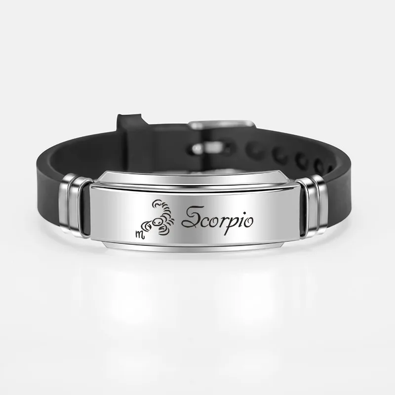 Модные 12 Созвездие ID браслет гравировка из нержавеющей стали черные силиконовые браслеты для мужчин и женщин панк-браслет - Окраска металла: scorpio