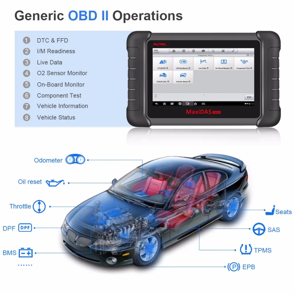 Autel Maxidas DS808K диагностический автомобильный диагностический инструмент OBD2 сканер охват для 80 брендов полный комплект код ридер