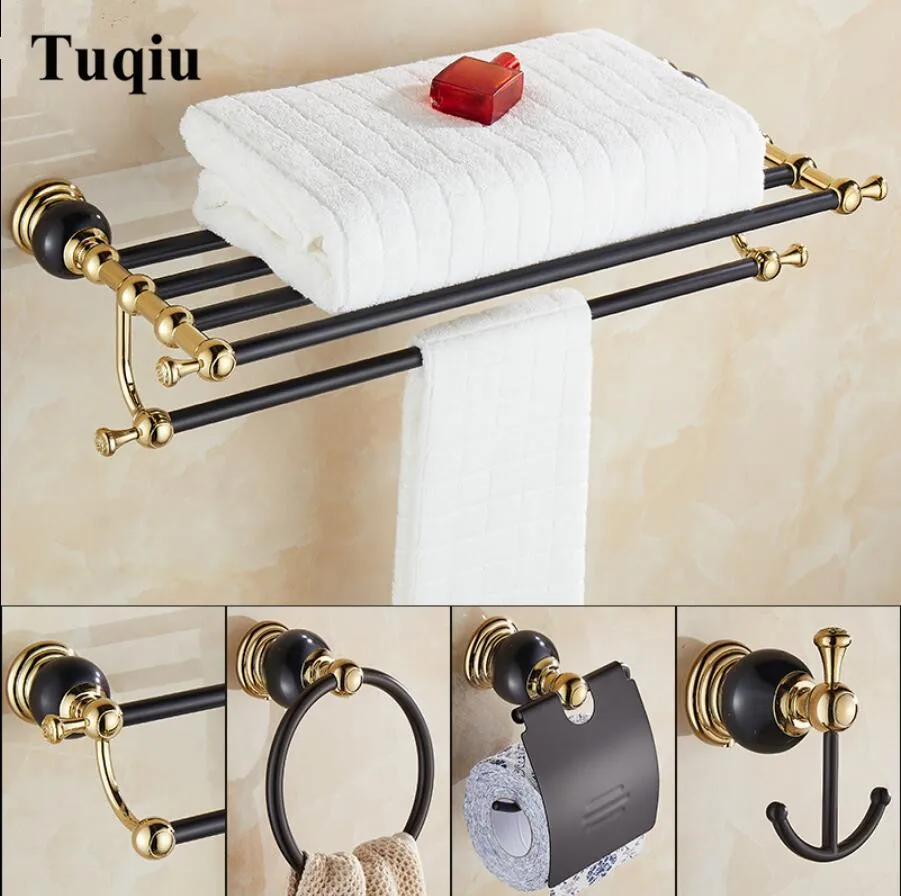 Online Nuevo juego de accesorios de baño de latón y Jade dorado negro, soporte de papel, toallero, cesta de jabón, toallero, juego de herramientas de baño de gancho