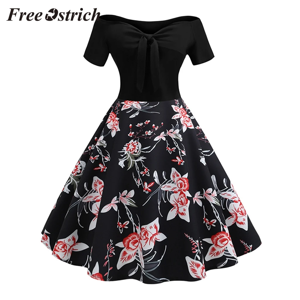 

Free Ostrich 2019 Floral Print Gothic Style Women Vintage 1950s Retro Off Shoulder Printing Evening Party Prom Swing Dress