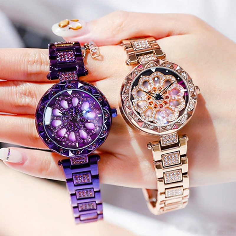 Chronos 2019 Fashion Rotation Flower Women Watches Rhinestone Rose Gold Steel Creative Watches Ladies Quartz Watch