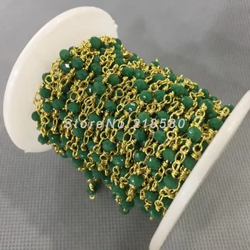

3x4mm Gold Plating Faceted Rondelle Beads Copper, Dark Green Glass Crystal Rosary Style Chain RC4753