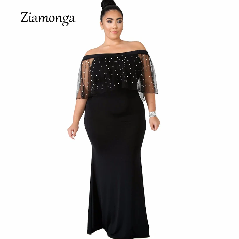 

Ziamonga Off Shoulder Mermaid Maxi Dress Plus Size XXXL Women Clothing Beading Ruffles Slash Neck Bodycon Dress Sexy Vestidos