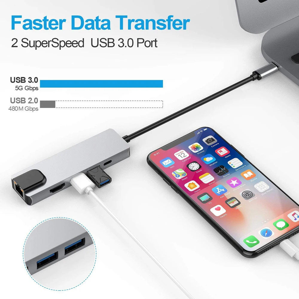 Концентратор USB Type C Thunderbolt 3 адаптер с 4K HDMI RJ45 Gigabit Ethernet USB 3,0 порты USB C сетевой адаптер для MacBook Pro