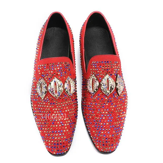 

Genuine Leather Luxury Brand Crystal Studded Metal Lips Smoking Men Loafers Flats Dress Casual Shoes Mens Sapatos Red