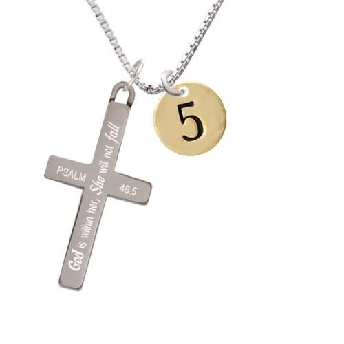 Gold Tone Disc 1/2'' Number - 5 - - She will not Fall - Cross Necklace (1)