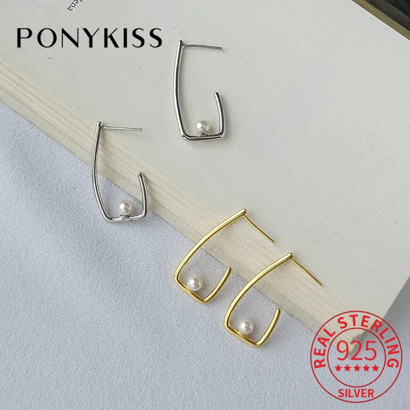 

PONYKISS Real 925 Sterling Silver Pearl Elegant Geometric Hoop Earrings Women Commuting Fashion Accessory Party Delicate Gift