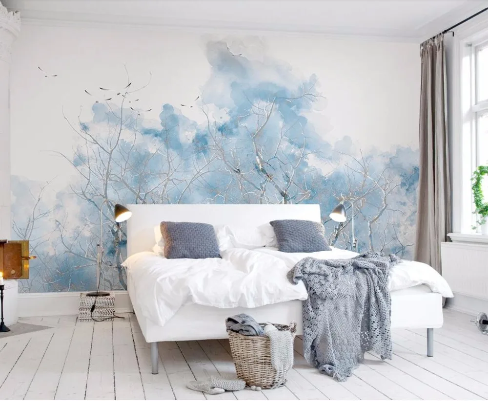 Beibehang Custom wallpaper Pale Blue Nordic Simple Branch Watercolor Bird TV Sofa Background Living Room Bedroom 3d wallpaper Beibehang Custom wallpaper Pale Blue Nordic Simple Branch Watercolor Bird TV Sofa Background Living Room Bedroom 3d wallpaper