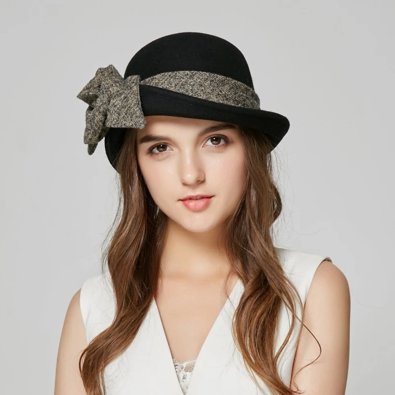 Новое поступление женская шапка Fedoras осенне зимняя с бантом и цветком элегантная