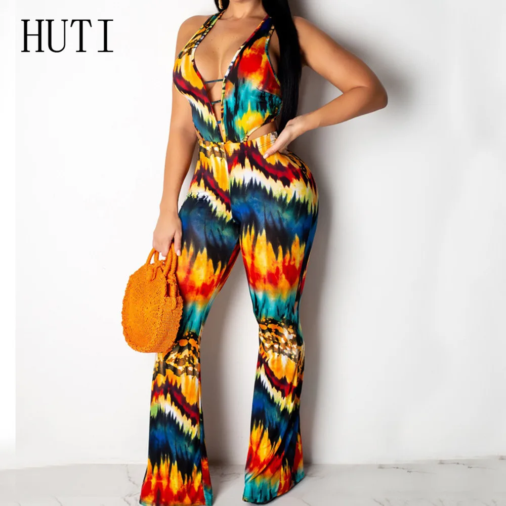 HUTI Summer Women Casual Sleeveless V-Neck Jumpsuits Fashion Ladies Vintage Printed Bodysuits Hollow Out Long Loose Trousers HUTI Summer Women Casual Sleeveless V-Neck Jumpsuits Fashion Ladies Vintage Printed Bodysuits Hollow Out Long Loose Trousers