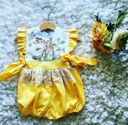 

2018 New Summer Newborn Deer Yellow Romper Cute Baby Girls Fairy Lace Romper Jumpsuit One-Pieces Outfit Clothes 0-24M