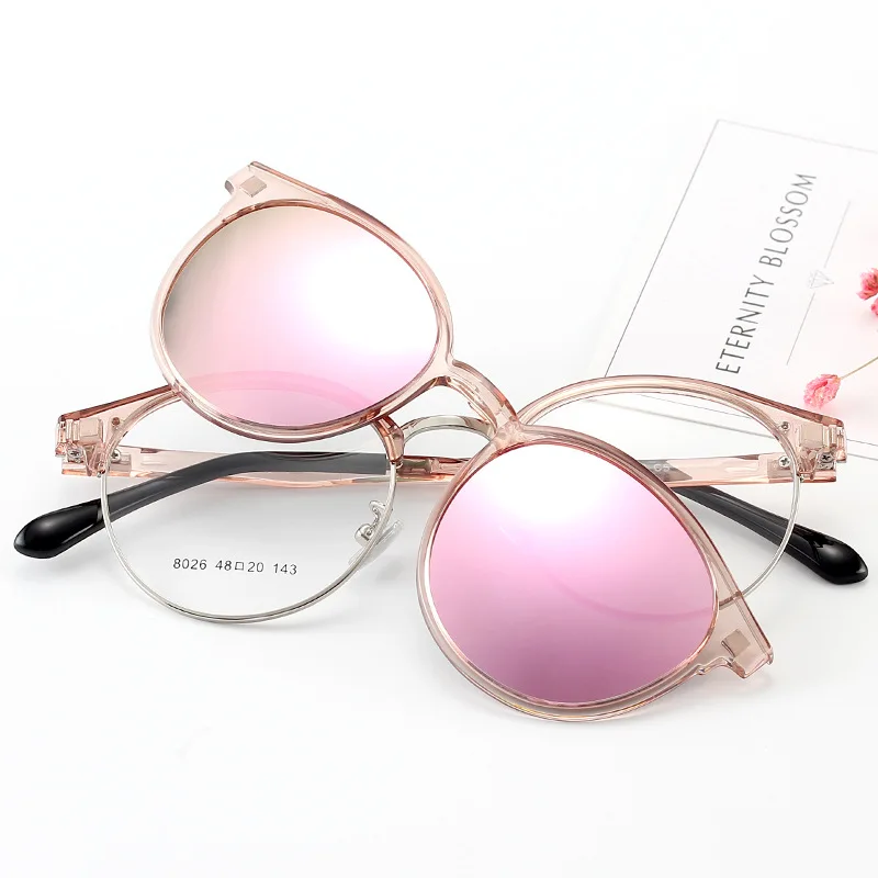 

Cubojue Women's Clip on Sunglasses Polarized Magnetic Lens Round Glasses Frame Pink Blue Mirrored Fit Over Myopia Eyeglasses