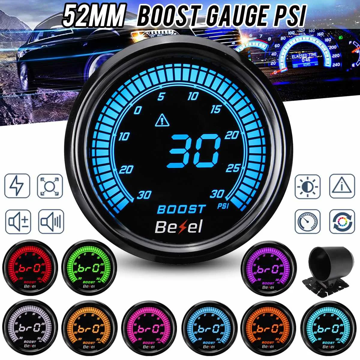 

2" 52mm Car Turbo Boost Pressure Gauge Meter Digital LED Display w/Sensor 30PSI Gauge Holder Free