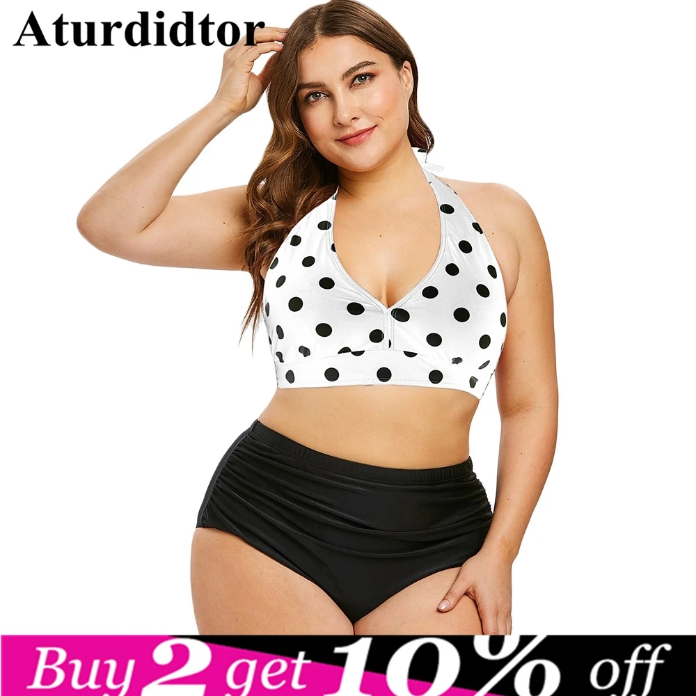 

Plus Size Dot Print Halter Swimsuits Backless Push Up Swimwear Women Swimming Bathing Suit Large Big Monokini Ladies Beachwear