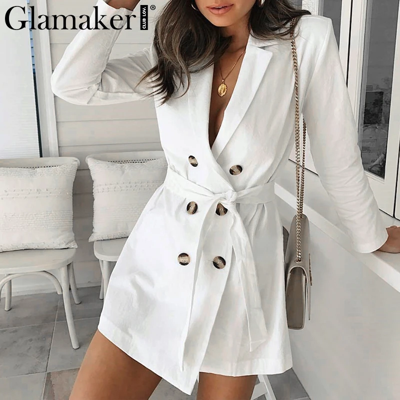 

Glamaker Sexy deep v neck white female coat Women elegant button belt party daily long trench Spring fashion ladies outwear new