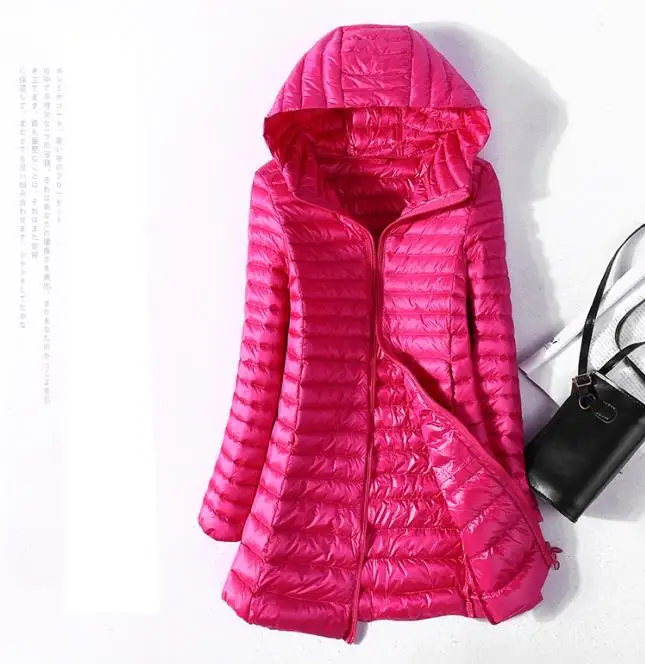 Женский пуховик на осень и зиму, ультра-светильник, парка с утиным пухом, пальто с капюшоном, тонкая теплая тонкая куртка размера плюс 4XL, Длинная Верхняя одежда RH1423 - Цвет: Родо