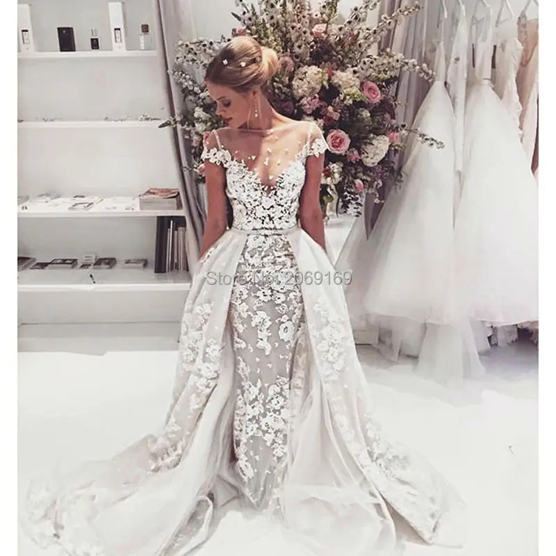 2017 New Vestido De Noiva Mermaid Embroidered Lace On Net Wedding 2017 New Vestido De Noiva Mermaid Embroidered Lace On Net Wedding Dresses Scoop Neck Short Sleeves Bridal Gown Robe Mariee In From