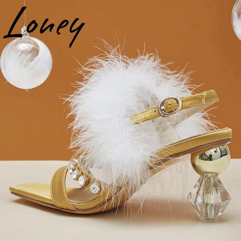 

Loney New Satin Crystal Beading Summer Sandals Real Fur Sexy HIgh Heel Sandals Shoes Women
