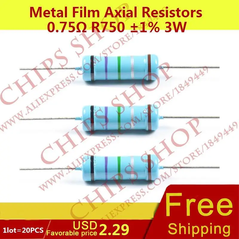 1LOT=20PCS Metal Film Axial Resistors 0.75ohm R750 1% 3W Wattage3W ...