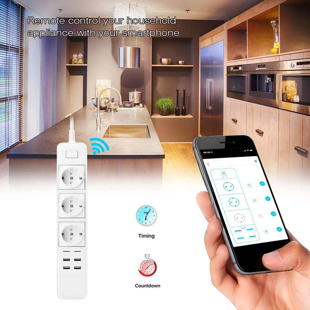

Power Socket Multiple Smart Wifi Power Strip Wireless Remote Control 3AC 4USB EU Fast Charging Ports Electrical Socket
