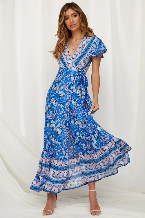 Повседневное женское летнее платье Behemian,, сексуальное, с цветочным принтом, макси платье, Несимметричное, с поясом, длинное, бохо, Vestidos, шифоновое, винтажное платье - Цвет: 183048-blue