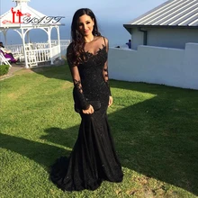 2017 elegante Schwarze Kleider Abend Sheer Neck Illusion Langen Ärmeln Meerjungfrau Spitze Appliques Beades Sweep Zug Mermaid Prom Kleider