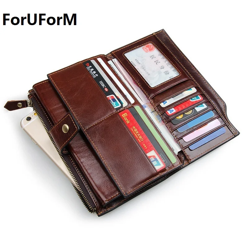 New Long Purses for Men Genuine Leather Men Wallets with Multi Card Holders Brown Cowhide Function