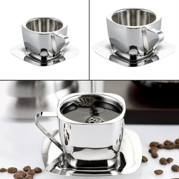 

Mugs Stainless steel coffee cup Double anti-hot insulation Lugs Coffee Vacuum square Tea cups with tray set Dropshiipping