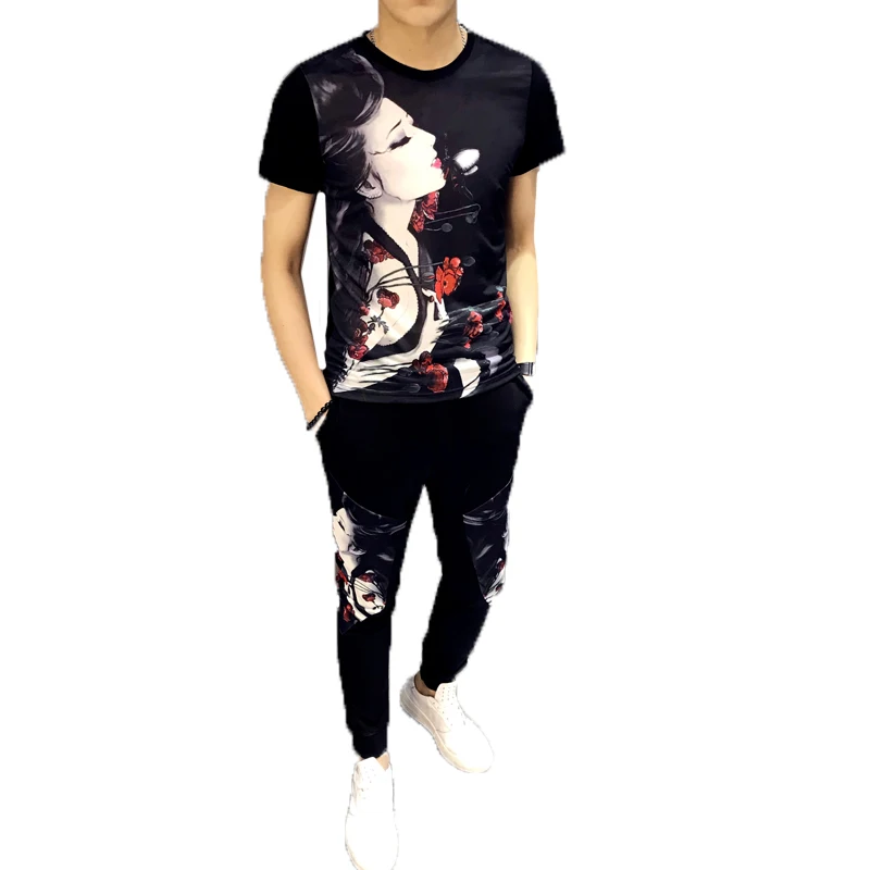 

Loldeal Men printing Sets Tracksuit T-shirts Chandal Hombre 2 Pieces Sets O-neck Short Sleeve Hip Hop Cool